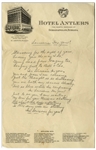 Moe Howard Handwritten Poem to His Wife Entitled Lonesome For You! -- On 6 x 9.5 Hotel Antlers Stationery From Indianapolis, Circa 1930s -- Very Good